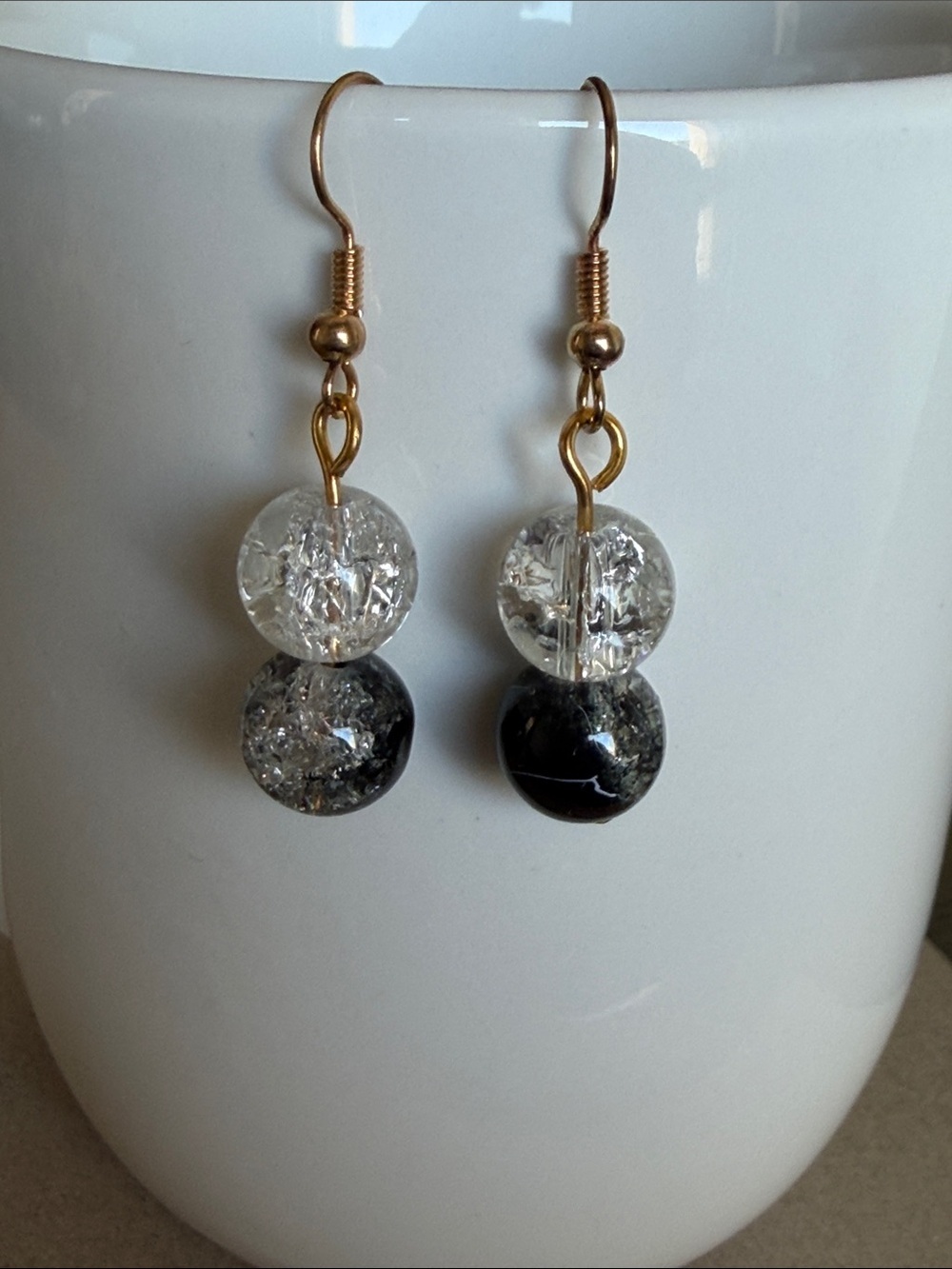 Gold-Tone Crystal Drop Earrings with Clear Crackle and Black Marbled Beads